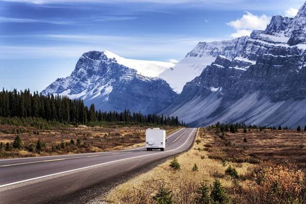 Canada, Alberta, Jasper National Park, Icefields Parkways, camper van on the road  SMAF000539