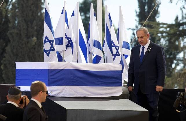 Israel Prime Minister Benjamin Netanyahu pictured during the funeral ceremony of former Israeli president Shimon Peres, Friday 30 September 2016 in Jeruzalem, Israel.  NICOLASxMAETERLINCK 04944170
