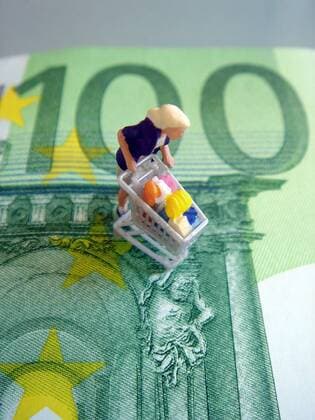 Symbolbild Frau mit Einkaufswagen auf einem 100-Euro-Schein symbol woman with shopping cart standing on a 100-Euro bill BLWS206641 Copyright: xblickwinkel McPHOTO BilderBoxx
