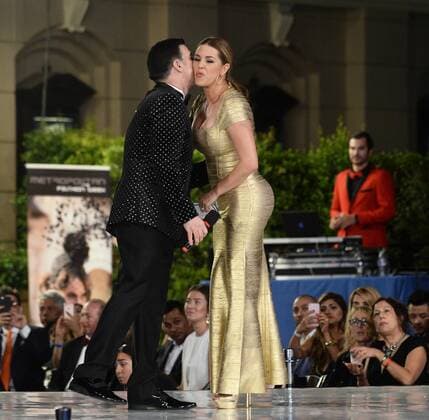 Beauty queen and actress Alicia Machado announces winners with Eduardo Khawam during the Metropolitan Fashion Week Closing Gala & Awards Show at Warner Bros Studios in Burbank, California on October 1, 2016. The former Miss Universe, whom Democratic presidential candidate Hillary Clinton mentioned during the first presidential debate, has been the subject of series of derisive tweets from Clinton s Republican opponent Donald Trump.  LAP2016100123 JIMxRUYMEN