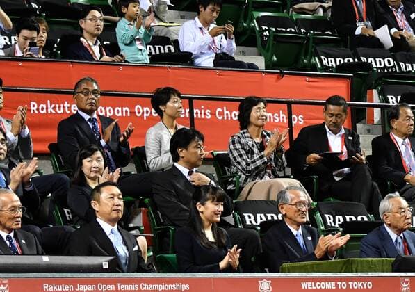 October 3, 2016, Tokyo, Japan - Japanese Princess Mako, front row center, applauds as she watches a tennis match during the Japan Open Tennis Championships at Tokyos Ariake Colosseum on Monday, October 3, 2016. The princess, a grand daughter of Emperor Akihito, is the honorary president of the Japan Tennis Association.  (ayfa017771)