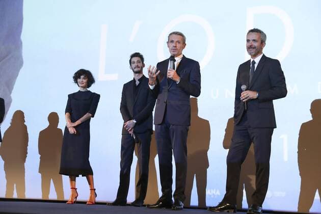 Premiere von l Odyssee in Paris - Audrey Tautou Pierre Niney Lambert Wilson and Jerome Salle CELEBRITIES : Premiere l Odyssee - Paris - 03 10 2016 GwendolineLeGoff Panoramic 