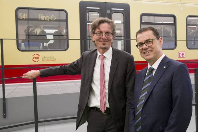 October 4, 2016 - Berlin, Germany - Transport secretary Christian Gaebler (L) and Managing Director of the S-Bahn Berlin pose for a picture in front of a model in scale 1:1 of the new S-Bahn regional local trains during a presentation to the press in Berlin, Germany on October 4, 2016. The new trains of type 483-484, developed from a consortium between the Siemens AG and Stadler Pankow GmbH and commissioned in the number of 106 exemplars, should start to operate in the regional traffic in Berlin and Brandenburg from 2020 and remain operative until 2050. Berlin Germany  - ZUMAn230
