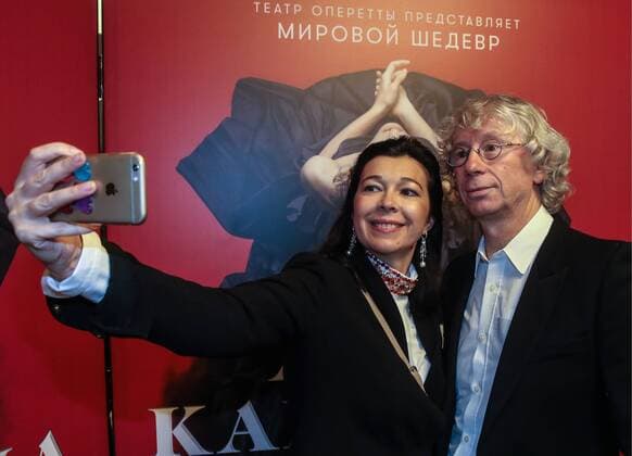 MOSCOW, RUSSIA - OCTOBER 8, 2016: Singer Arkady Ukupnik and his wife Natalya take a selfie at the premiere of the Anna Karenina musical at Moscow Operetta Theatre. Valery Sharifulin TASS  TS033BC9