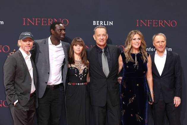 Ron Howard, Omar Sy, Felicity Jones, Tom Hanks, Rita Wilson und Dan Brown bei der Inferno Film Premiere am 10.10.2016 in Berlin Inferno Kino Premiere in Berlin, 2016 