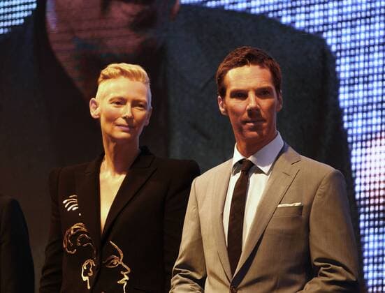 October 13, 2016 - Hollywood movie actor Benedict Cumberbatch ( R ) and actress Tilda Swinton ( L ) on the stage greeting fans and medias during latest Hollywood movie DOCTOR STRANGE World Premier ceremony in Hong Kong. Oct 13,2016. Hong Kong. ZUMA - ZUMAl137
