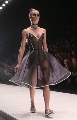 Moskau Fashion Week MOSCOW, RUSSIA â€“ OCTOBER 13, 2016: A model showcases a creation during a runway show for the Spring Summer 2017 collection by designer Dimaneu as part of the Fashion Time Designers project at the Mercedes-Benz Fashion Week Russia in the Manege Central Exhibition Hall. Vyacheslav Prokofyev TASS  TS0346CF
