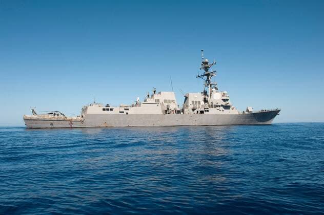 April 25, 2012 - At sea - The US Navy Arleigh Burke-class guided-missile destroyer USS Nitze during operations August 25, 2012 in the Mediterranean Sea. The sister ship USS Mason was fired upon by Houthi rebels while sailing off the coast of Yemen in the southern end of the Red Sea on October 12, 2016 and the USS Nitze returned missile fire destroying ground stations in Yemen. At sea - ZUMAp138