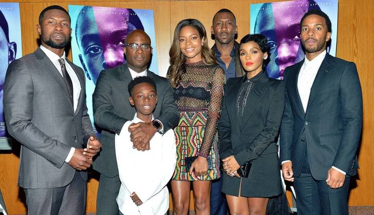 Director Barry Jenkins (second from left) and his cast (L-R) Trevante Rhodes, Alex Hibbert, Naomie Harris, Mahershala Ali, Janelle Monae and Andre Holland arrive at the Los Angeles premiere of Moonlight at the DGA Theater in Los Angeles, California on October 13, 2016.  LAP20161013710 CHRISTINExCHEW