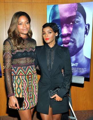 Janelle Monae (R) and Naomie Harris arrive at the Los Angeles premiere of Moonlight at the DGA Theater in Los Angeles, California on October 13, 2016.  LAP20161013721 CHRISTINExCHEW
