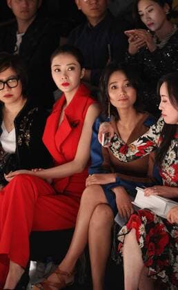 SHANGHAI, CHINA - OCTOBER 13: Model and actress Lynn Hung (aka Xiong Dailin) and hostess and actress Zhu Dan (R) attend the C.J.YAO presentation as part of the Shanghai Fashion Week Spring Summer 2017 at Xintiandi Hall A on October 13, 2016 in Shanghai, China.  CFP493763051