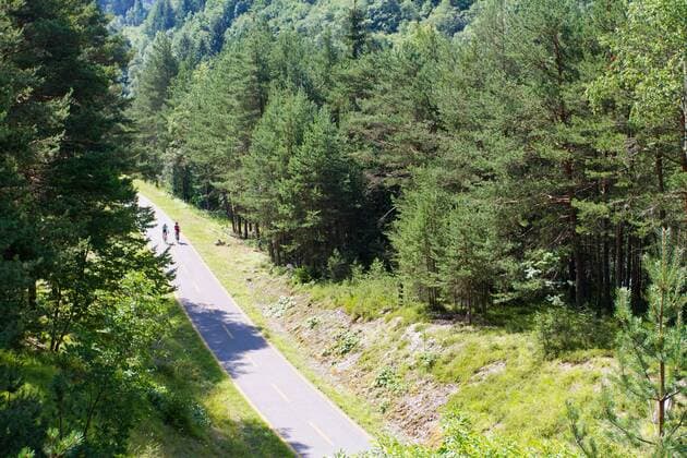 Rennradfahrer auf einer Brücke auf dem Alpe Adria-Weg zwischen Villach und Venzone Nord-Italien Italien Alpe-Adria-Weg