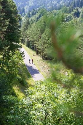 Rennradfahrer auf einer Brücke auf dem Alpe Adria-Weg zwischen Villach und Venzone Nord-Italien Italien Alpe-Adria-Weg