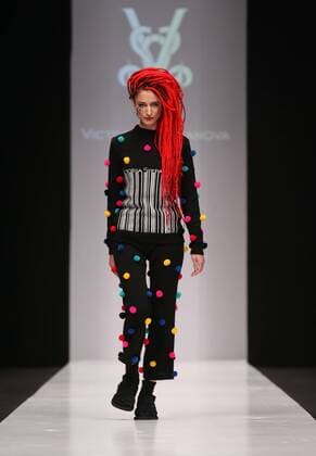 MOSCOW, RUSSIA - OCTOBER 16, 2016: A model showcases creations during a runway show for the Spring Summer 2017 collections by the designers of the CONTRFASHION project at the Mercedes-Benz Fashion Week Russia in the Manege Central Exhibition Hall. Vyacheslav Prokofyev TASS  TS034A9D