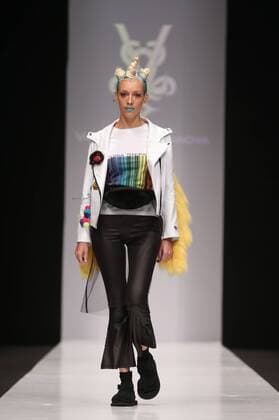 MOSCOW, RUSSIA - OCTOBER 16, 2016: A model showcases creations during a runway show for the Spring Summer 2017 collections by the designers of the CONTRFASHION project at the Mercedes-Benz Fashion Week Russia in the Manege Central Exhibition Hall. Vyacheslav Prokofyev TASS  TS034AA1