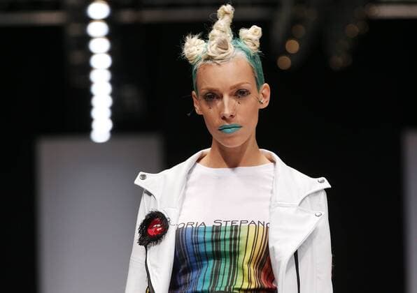 MOSCOW, RUSSIA - OCTOBER 16, 2016: A model showcases creations during a runway show for the Spring Summer 2017 collections by the designers of the CONTRFASHION project at the Mercedes-Benz Fashion Week Russia in the Manege Central Exhibition Hall. Vyacheslav Prokofyev TASS  TS034AA2