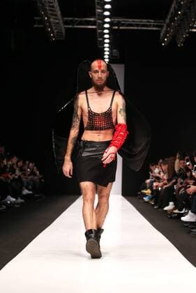 MOSCOW, RUSSIA - OCTOBER 16, 2016: A model showcases creations during a runway show for the Spring Summer 2017 collections by the designers of the CONTRFASHION project at the Mercedes-Benz Fashion Week Russia in the Manege Central Exhibition Hall. Vyacheslav Prokofyev TASS  TS034AAA