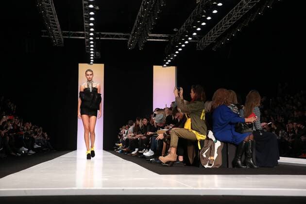 MOSCOW, RUSSIA - OCTOBER 16, 2016: A model showcases creations during a runway show for the Spring Summer 2017 collections by the designers of the CONTRFASHION project at the Mercedes-Benz Fashion Week Russia in the Manege Central Exhibition Hall. Vyacheslav Prokofyev TASS  TS034AAD