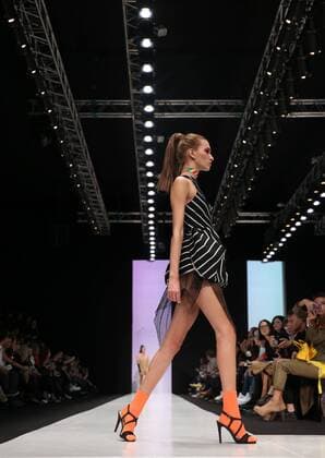 MOSCOW, RUSSIA - OCTOBER 16, 2016: A model showcases creations during a runway show for the Spring Summer 2017 collections by the designers of the CONTRFASHION project at the Mercedes-Benz Fashion Week Russia in the Manege Central Exhibition Hall. Vyacheslav Prokofyev TASS  TS034AAF