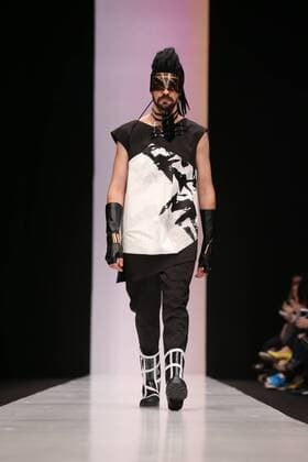 MOSCOW, RUSSIA - OCTOBER 16, 2016: A model showcases creations during a runway show for the Spring Summer 2017 collections by the designers of the CONTRFASHION project at the Mercedes-Benz Fashion Week Russia in the Manege Central Exhibition Hall. Vyacheslav Prokofyev TASS  TS034AB0