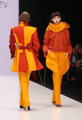 MOSCOW, RUSSIA - OCTOBER 16, 2016: Models showcase creations during a runway show for the Spring Summer 2017 collection by Russian fashion designer Yegor Zaitsev at the Mercedes-Benz Fashion Week Russia in the Manege Central Exhibition Hall. Vyacheslav Prokofyev TASS  TS034AD4