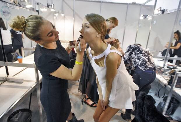 October 16, 2016 - Kiev, Ukraine - A model gets her a makeup done backstage,during the Ukrainian Fashion Week in Kiev, Ukraine,on 16 October,2016. The fashion event presents Spring Summer 2017 collections by Ukrainian and International designers,from 12 to 18 October. Kiev Ukraine - ZUMAg194