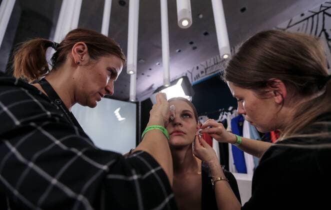 October 15, 2016 - Budapest, Hungary - A model gets makeup applied backstage before Tomcsanyi fashion show at Mercedes-Benz Fashion Week Central Europe on Oct 15, 2016 at VoÂ¡rkert BazoÂ¡r in Budapest, Hungary. Budapest Hungary  - ZUMAn230