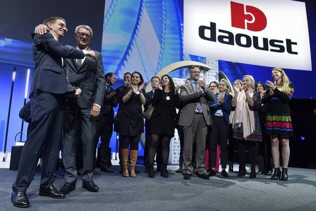 Unternehmen Daoust wird in Brüssel ausgezeichnet Jean-Claude Daoust (2nd L) celebrates as Daoust won the award during the award ceremony for the twenty-first edition of Entreprise de l annee (French-speaking company of the year), Monday 17 October 2016, in Brussels.  BENOITxDOPPAGNE 04959241