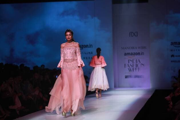 NEW DELHI, INDIA - OCTOBER 15: A model showcases the creation of designer Mandira Wirk during Amazon India Fashion Week Spring-Summer 17 at NSIC Exhibition Complex on October 15, 2016 in New Delhi, India. (Photo by Amal Ks Hindustan Times) Amazon India Fashion Week Spring Summer 2017