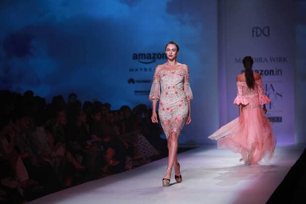 NEW DELHI, INDIA - OCTOBER 15: A model showcases the creation of designer Mandira Wirk during Amazon India Fashion Week Spring-Summer 17 at NSIC Exhibition Complex on October 15, 2016 in New Delhi, India. (Photo by Amal Ks Hindustan Times) Amazon India Fashion Week Spring Summer 2017