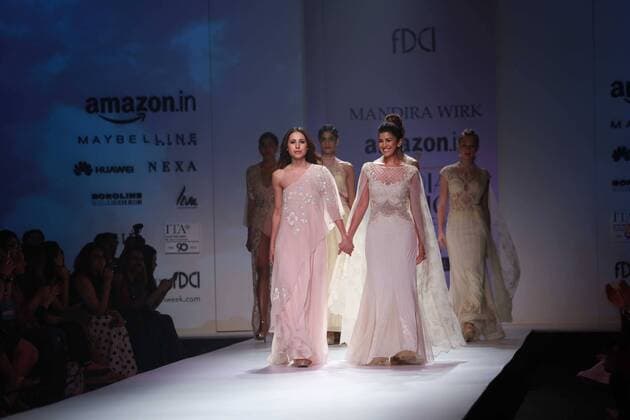 NEW DELHI, INDIA - OCTOBER 15: A model showcases the creation of designer Mandira Wirk during Amazon India Fashion Week Spring-Summer 17 at NSIC Exhibition Complex on October 15, 2016 in New Delhi, India. (Photo by Amal Ks Hindustan Times) Amazon India Fashion Week Spring Summer 2017