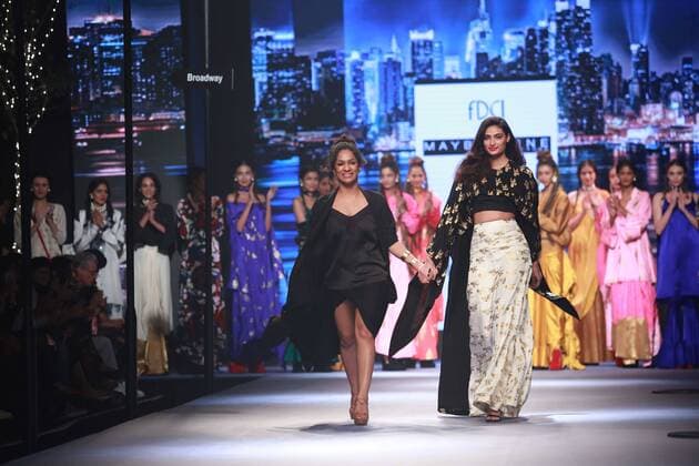 NEW DELHI, INDIA - OCTOBER 15: Bollywood Actress Athiya Shetty showcases the creation of designer Masaba Gupta during Amazon India Fashion Week Spring-Summer 17 at NSIC Exhibition Complex on October 15, 2016 in New Delhi, India. (Photo by Amal Ks Hindustan Times) Amazon India Fashion Week Spring Summer 2017