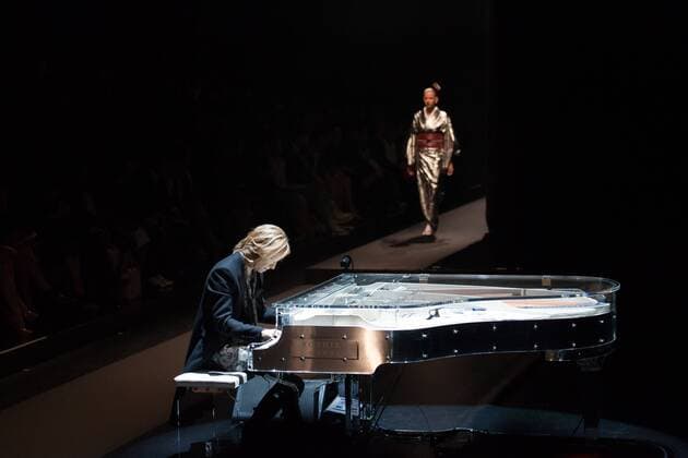Japanese rock star Yoshiki of band X-Japan presents his Yoshikikimono 2017 Spring Summer Collection at the Amazon Fashion Week Tokyo. Yoshiki played piano and drums as models paraded in his modern kimono designs. The show ended with a rain shower above the drum stand drenching Yoshiki and the models. (Photos by Michael Steinebach AFLO)  (qdm_Yoshikimono_Amazon_Fashion_Week_Tokyo_2017_SS_001)