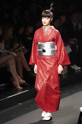 Japanese rock star Yoshiki of band X-Japan presents his Yoshikikimono 2017 Spring Summer Collection at the Amazon Fashion Week Tokyo. Yoshiki played piano and drums as models paraded in his modern kimono designs. The show ended with a rain shower above the drum stand drenching Yoshiki and the models. (Photos by Michael Steinebach AFLO)  (qdm_Yoshikimono_Amazon_Fashion_Week_Tokyo_2017_SS_003)