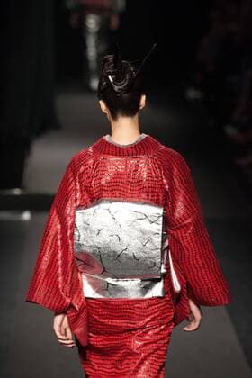 Japanese rock star Yoshiki of band X-Japan presents his Yoshikikimono 2017 Spring Summer Collection at the Amazon Fashion Week Tokyo. Yoshiki played piano and drums as models paraded in his modern kimono designs. The show ended with a rain shower above the drum stand drenching Yoshiki and the models. (Photos by Michael Steinebach AFLO)  (qdm_Yoshikimono_Amazon_Fashion_Week_Tokyo_2017_SS_005)