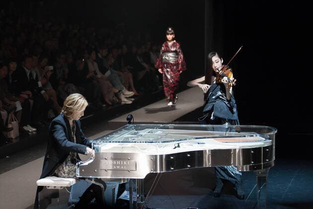 Japanese rock star Yoshiki of band X-Japan presents his Yoshikikimono 2017 Spring Summer Collection at the Amazon Fashion Week Tokyo. Yoshiki played piano and drums as models paraded in his modern kimono designs. The show ended with a rain shower above the drum stand drenching Yoshiki and the models. (Photos by Michael Steinebach AFLO)  (qdm_Yoshikimono_Amazon_Fashion_Week_Tokyo_2017_SS_012)