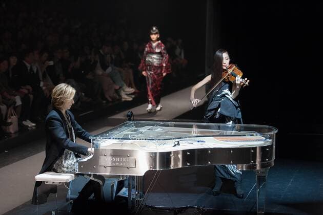 Japanese rock star Yoshiki of band X-Japan presents his Yoshikikimono 2017 Spring Summer Collection at the Amazon Fashion Week Tokyo. Yoshiki played piano and drums as models paraded in his modern kimono designs. The show ended with a rain shower above the drum stand drenching Yoshiki and the models. (Photos by Michael Steinebach AFLO)  (qdm_Yoshikimono_Amazon_Fashion_Week_Tokyo_2017_SS_013)