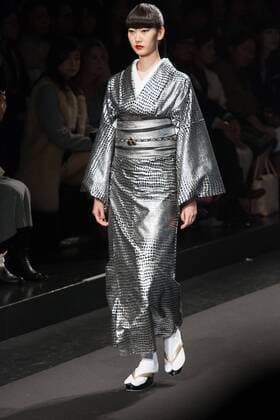 Japanese rock star Yoshiki of band X-Japan presents his Yoshikikimono 2017 Spring Summer Collection at the Amazon Fashion Week Tokyo. Yoshiki played piano and drums as models paraded in his modern kimono designs. The show ended with a rain shower above the drum stand drenching Yoshiki and the models. (Photos by Michael Steinebach AFLO)  (qdm_Yoshikimono_Amazon_Fashion_Week_Tokyo_2017_SS_015)