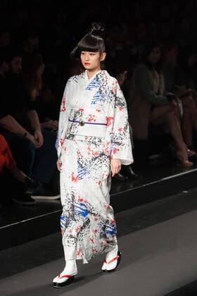 Japanese rock star Yoshiki of band X-Japan presents his Yoshikikimono 2017 Spring Summer Collection at the Amazon Fashion Week Tokyo. Yoshiki played piano and drums as models paraded in his modern kimono designs. The show ended with a rain shower above the drum stand drenching Yoshiki and the models. (Photos by Michael Steinebach AFLO)  (qdm_Yoshikimono_Amazon_Fashion_Week_Tokyo_2017_SS_017)