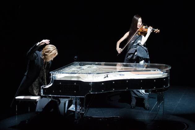 Japanese rock star Yoshiki of band X-Japan presents his Yoshikikimono 2017 Spring Summer Collection at the Amazon Fashion Week Tokyo. Yoshiki played piano and drums as models paraded in his modern kimono designs. The show ended with a rain shower above the drum stand drenching Yoshiki and the models. (Photos by Michael Steinebach AFLO)  (qdm_Yoshikimono_Amazon_Fashion_Week_Tokyo_2017_SS_020)