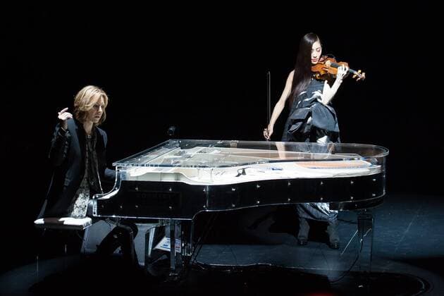 Japanese rock star Yoshiki of band X-Japan presents his Yoshikikimono 2017 Spring Summer Collection at the Amazon Fashion Week Tokyo. Yoshiki played piano and drums as models paraded in his modern kimono designs. The show ended with a rain shower above the drum stand drenching Yoshiki and the models. (Photos by Michael Steinebach AFLO)  (qdm_Yoshikimono_Amazon_Fashion_Week_Tokyo_2017_SS_021)