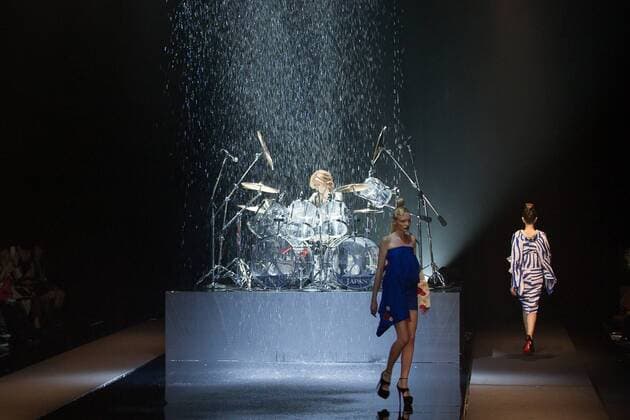 Japanese rock star Yoshiki of band X-Japan presents his Yoshikikimono 2017 Spring Summer Collection at the Amazon Fashion Week Tokyo. Yoshiki played piano and drums as models paraded in his modern kimono designs. The show ended with a rain shower above the drum stand drenching Yoshiki and the models. (Photos by Michael Steinebach AFLO)  (qdm_Yoshikimono_Amazon_Fashion_Week_Tokyo_2017_SS_031)