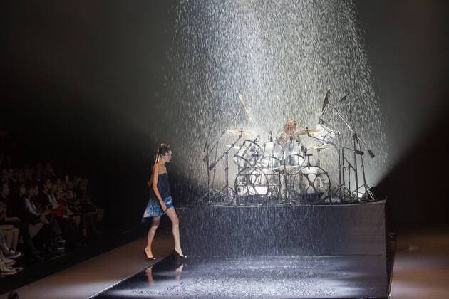 Japanese rock star Yoshiki of band X-Japan presents his Yoshikikimono 2017 Spring Summer Collection at the Amazon Fashion Week Tokyo. Yoshiki played piano and drums as models paraded in his modern kimono designs. The show ended with a rain shower above the drum stand drenching Yoshiki and the models. (Photos by Michael Steinebach AFLO)  (qdm_Yoshikimono_Amazon_Fashion_Week_Tokyo_2017_SS_034)