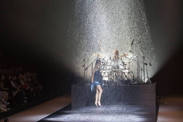 Japanese rock star Yoshiki of band X-Japan presents his Yoshikikimono 2017 Spring Summer Collection at the Amazon Fashion Week Tokyo. Yoshiki played piano and drums as models paraded in his modern kimono designs. The show ended with a rain shower above the drum stand drenching Yoshiki and the models. (Photos by Michael Steinebach AFLO)  (qdm_Yoshikimono_Amazon_Fashion_Week_Tokyo_2017_SS_035)