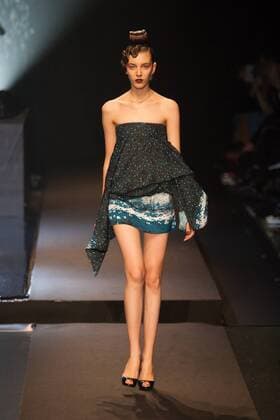 Japanese rock star Yoshiki of band X-Japan presents his Yoshikikimono 2017 Spring Summer Collection at the Amazon Fashion Week Tokyo. Yoshiki played piano and drums as models paraded in his modern kimono designs. The show ended with a rain shower above the drum stand drenching Yoshiki and the models. (Photos by Michael Steinebach AFLO)  (qdm_Yoshikimono_Amazon_Fashion_Week_Tokyo_2017_SS_036)