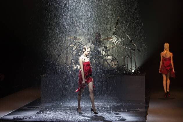 Japanese rock star Yoshiki of band X-Japan presents his Yoshikikimono 2017 Spring Summer Collection at the Amazon Fashion Week Tokyo. Yoshiki played piano and drums as models paraded in his modern kimono designs. The show ended with a rain shower above the drum stand drenching Yoshiki and the models. (Photos by Michael Steinebach AFLO)  (qdm_Yoshikimono_Amazon_Fashion_Week_Tokyo_2017_SS_044)