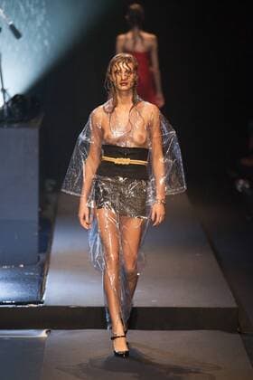 Japanese rock star Yoshiki of band X-Japan presents his Yoshikikimono 2017 Spring Summer Collection at the Amazon Fashion Week Tokyo. Yoshiki played piano and drums as models paraded in his modern kimono designs. The show ended with a rain shower above the drum stand drenching Yoshiki and the models. (Photos by Michael Steinebach AFLO)  (qdm_Yoshikimono_Amazon_Fashion_Week_Tokyo_2017_SS_048)