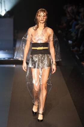Japanese rock star Yoshiki of band X-Japan presents his Yoshikikimono 2017 Spring Summer Collection at the Amazon Fashion Week Tokyo. Yoshiki played piano and drums as models paraded in his modern kimono designs. The show ended with a rain shower above the drum stand drenching Yoshiki and the models. (Photos by Michael Steinebach AFLO)  (qdm_Yoshikimono_Amazon_Fashion_Week_Tokyo_2017_SS_049)