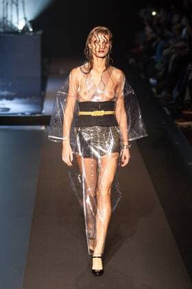 Japanese rock star Yoshiki of band X-Japan presents his Yoshikikimono 2017 Spring Summer Collection at the Amazon Fashion Week Tokyo. Yoshiki played piano and drums as models paraded in his modern kimono designs. The show ended with a rain shower above the drum stand drenching Yoshiki and the models. (Photos by Michael Steinebach AFLO)  (qdm_Yoshikimono_Amazon_Fashion_Week_Tokyo_2017_SS_050)