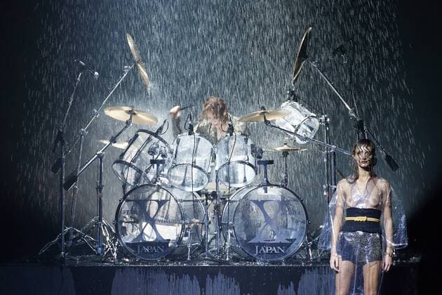 Japanese rock star Yoshiki of band X-Japan presents his Yoshikikimono 2017 Spring Summer Collection at the Amazon Fashion Week Tokyo. Yoshiki played piano and drums as models paraded in his modern kimono designs. The show ended with a rain shower above the drum stand drenching Yoshiki and the models. (Photos by Michael Steinebach AFLO)  (qdm_Yoshikimono_Amazon_Fashion_Week_Tokyo_2017_SS_058)
